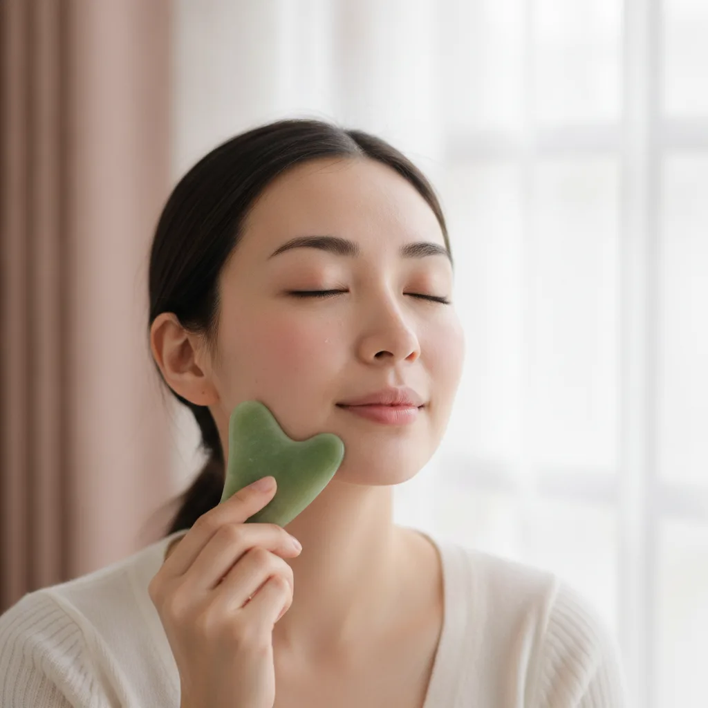 Woman performing gua sha facial ritual